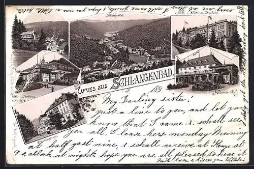 Lithographie Schlangenbad, Ortsansicht, Schweizerhaus, Oberes Kurhaus, Eltviller Strasse, Nassauer Hof