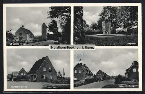 AK Nordhorn-Bookholt, St. Josefs-Kirche, Hohefeld-Strasse, Ehrenmal, Neue Siedlung