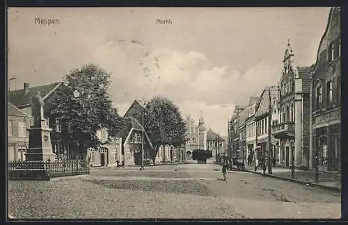 AK Meppen, Markt mit Denkmal und Geschäften