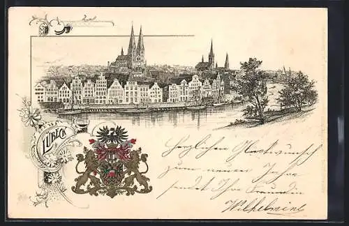 Passepartout-Lithographie Lübeck, Panorama mit Kirchen, Wappen