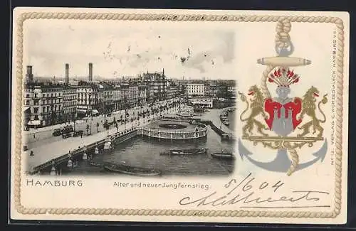 Passepartout-Lithographie Hamburg-Neustadt, Alter und neuer Jungfernstieg mit Wappen