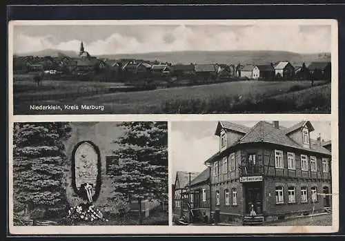 AK Niederklein Kreis Marburg, Gesamtansicht, Gasthof zur Germania und Ehrenmal