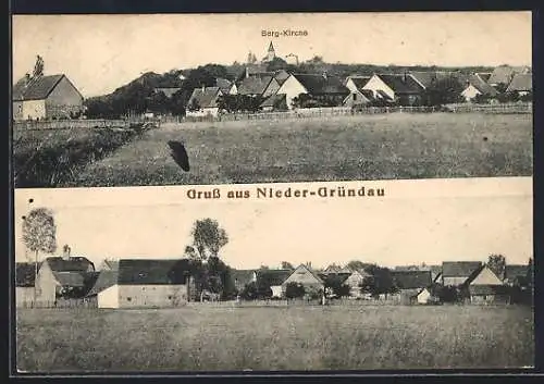 AK Nieder-Gründau, Ortsansicht und Berg-Kirche