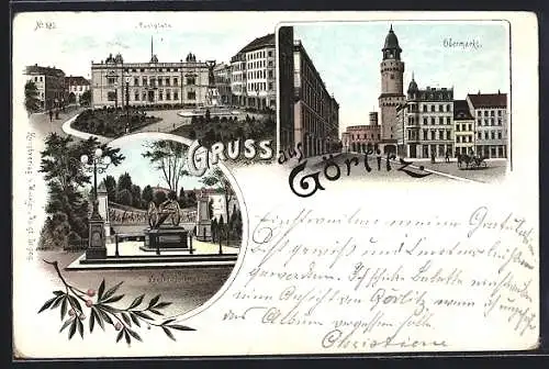 Lithographie Görlitz, Postplatz, Obermarkt, Kanonendenkmal, Mistelzweig, Um 1900