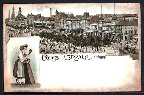 Lithographie Hamburg-St. Pauli, Ortspartie, Strassenbahn, Frau mit einem Korb voller Blumen