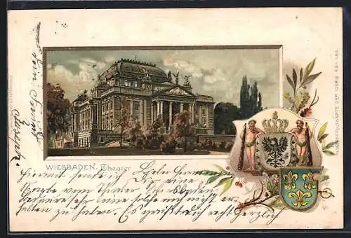 Passepartout-Lithographie Wiesbaden, Ansicht vom Theater, Wappen