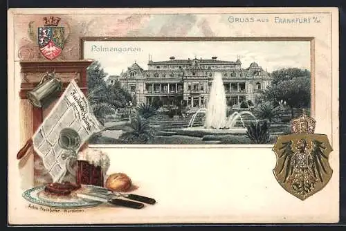 Passepartout-Lithographie Frankfurt-Westend, Palmengarten, Wappen, Frankfurter Würstchen und Zeitung