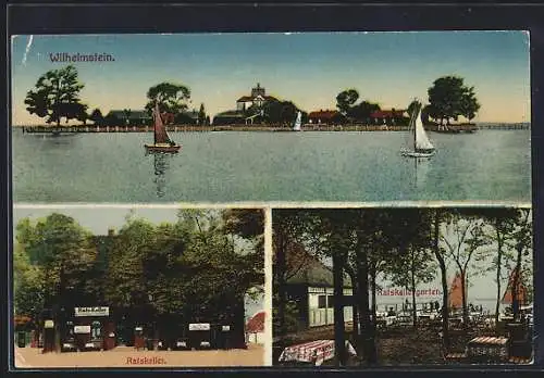 AK Steinhude, Restaurant Ratskeller mit Gartenlokal, Blick zum Ort, Segelboote