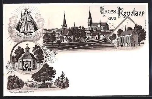 Lithographie Kevelaer, Panorama, Kapelle und Gnadenbild