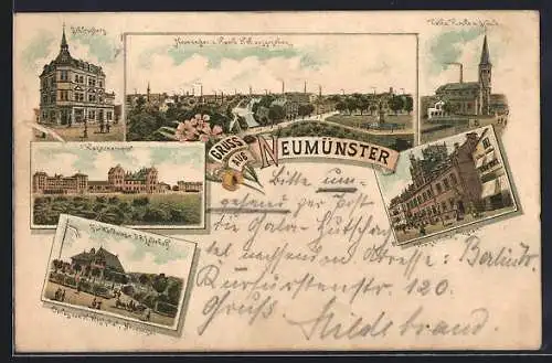 Lithographie Neumünster, Ortsansicht v. Hamb. Hof, Kath. Kirche m. Schule, Kaiserl. Postamt, Schleusberg, Kasernement