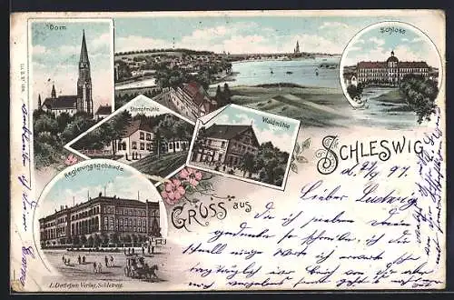 Lithographie Schleswig, Waldmühle, Stampfmühle, Regierungsgebäude