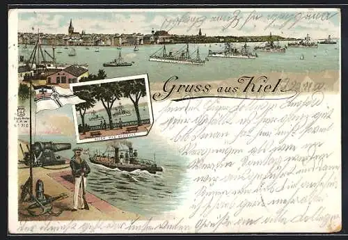 Lithographie Kiel, Teilansicht, Blick von Bellevue, Matrose mit Kanone am Ufer