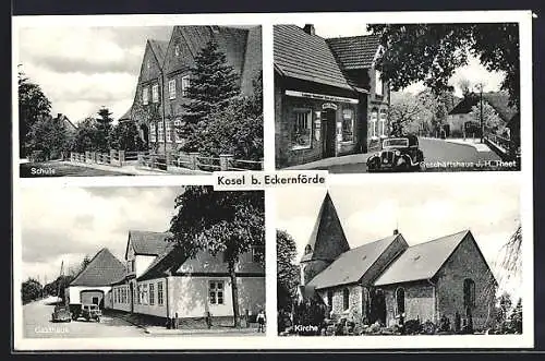 AK Kosel b. Eckernförde, Schule, Geschäftshaus J. H. Theet, Gasthaus, Kirche