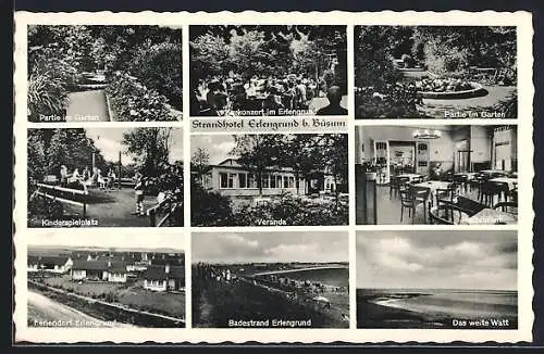 AK Büsum, Strandhotel Erlengrund, Kinderspielplatz, Feriendorf und Kurkonzert im Erlengrund, Veranda, Badestrand