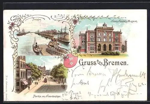 Lithographie Bremen, Freihafen, Neues Handels-Museum, Partie am Heerdenthor