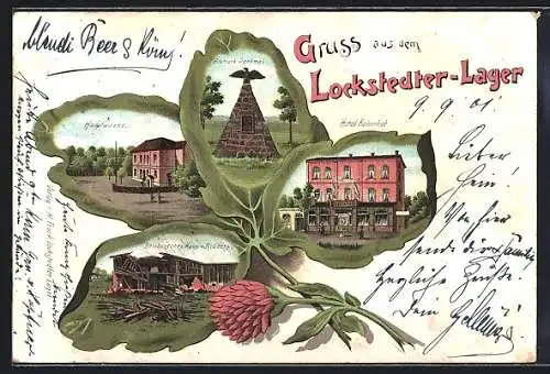 Passepartout-Lithographie Lockstedter Lager, Hotel Kaiserhof, Hauptwache, Bismarck-Denkmal, Kleeblatt