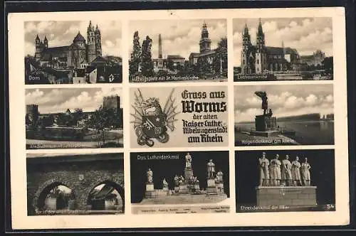 AK Worms am Rhein, Dom, Ludwigsplatz mit St. Martinskirche, Liebfrauenkirche, alte Stadtmauer mit Lutherpförtchen u. a.