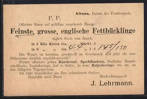 AK Hamburg-Altona, Geschäftskarte Fischräucherei J. Lehrmann