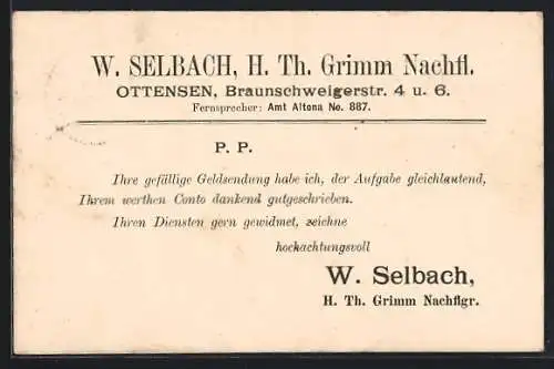 AK Hamburg-Ottensen, Geschäftskarte W. Selbach, H. Th. Grimm Nachfl.