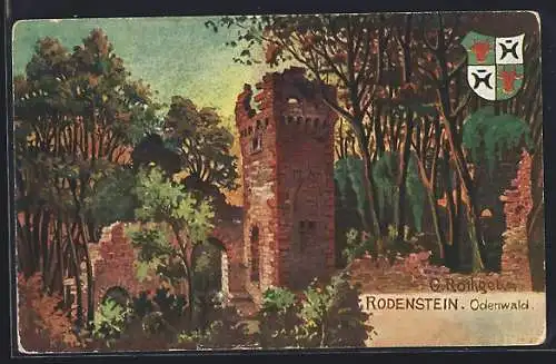 Künstler-AK Fränkisch-Crumbach, Ruine der Burg Rodenstein & Wappen