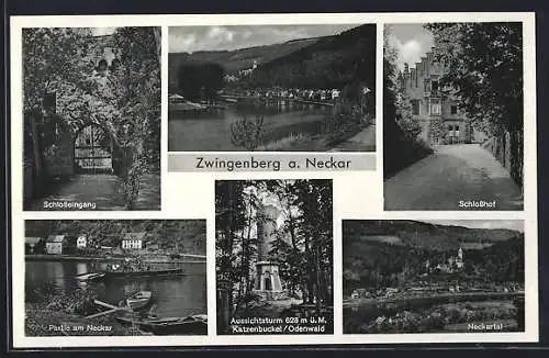 AK Zwingenberg a. Neckar, Ortsansicht mit Fluss, Schlosseingang, Partie am Neckar, Schlosshof, Neckartal, Aussichtsturm