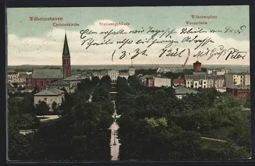 AK Wilhelmshaven, Stadtansicht mit Christuskirche, Stationsgebäude, Wilhelmsplatz und Wasserturm