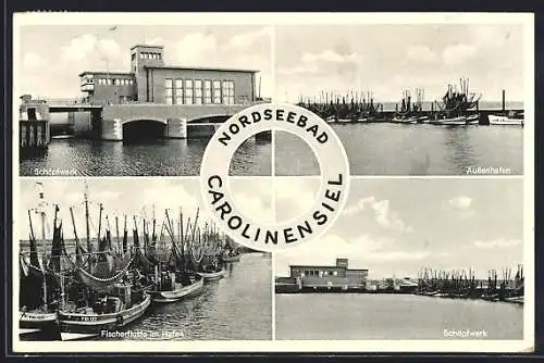 AK Carolinensiel, Schöpfwerk, Aussenhafen, Fischerflotte im Hafen