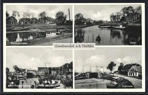 AK Carolinensiel, Partie am Hafen, Zugbrücke, Hafen-Friedrichschleuse