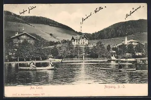 AK Aspang, Gebäudepartien am Teich