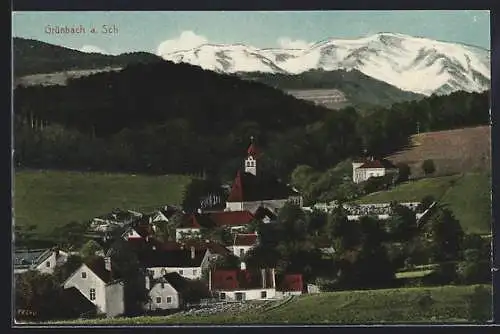 AK Grünbach a. Sch., Ortsansicht von einen Berg aus