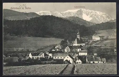 AK Grünbach, Totalansicht mit Kirche und Schneeberg