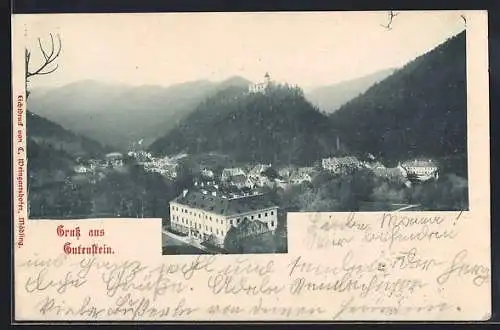 AK Gutenstein /N. Ö., Ortsansicht mit Schloss und Bergpanorama aus der Vogelschau