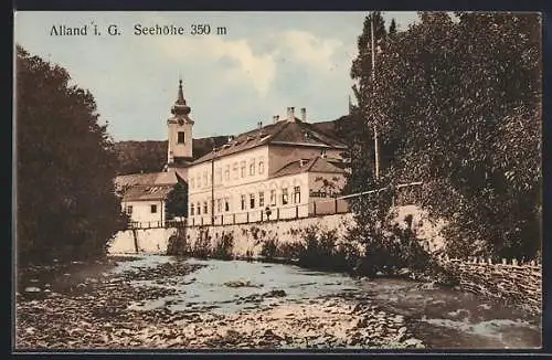 AK Alland i. G., Flusspartie mit Blick auf Gasthaus Löwe