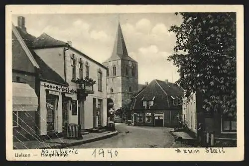 AK Uelsen, Hauptstrasse mit Drogerie und Kirche