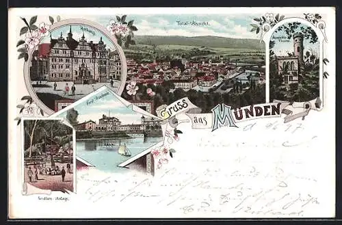 Lithographie Hann. Münden, Rathaus, Forst-Akademie, Seidlers Anlage