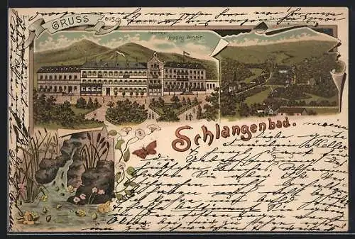 Lithographie Schlangenbad, Victoria Hotel, Panorama