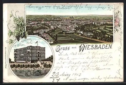 Lithographie Wiesbaden, Rhein-Hotel, Totalansicht