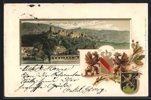 Passepartout-Lithographie Heidelberg, Schloss, Wappen