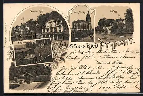 Lithographie Bad Pyrmont, Schloss, Evang. Kirche, Brunnenplatz, Dunsthöhle, Helenenquelle