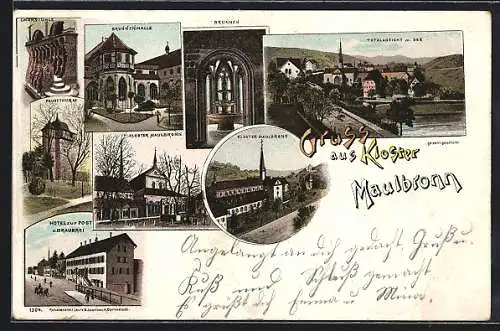 Lithographie Maulbronn, Kloster, Brunnen, Hotel zur Post u. Brauerei