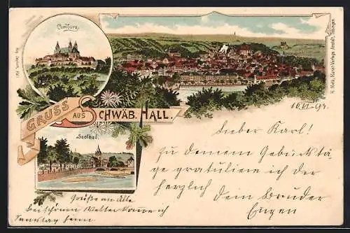 Lithographie Schwäb. Hall, Gesamtansicht, Soolbad, Comburg