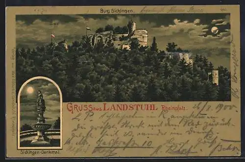 Lithographie Landstuhl /Pf., Burg Sickingen, Sickingen-Denkmal