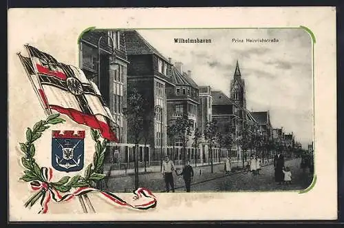 AK Wilhelmshaven, Prinz Heinrichstrasse mit Reichsfahne und Wappen