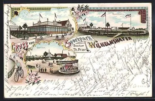 Lithographie Wilhelmshaven, Sportpark mit Eingang, Garten und Rennbahn