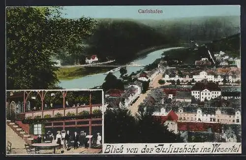 AK Carlshafen, Gasthaus Juliushöhe, Blick auf den Ort und die Weser