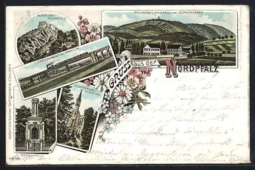 Lithographie Weierhof /Nordpfalz, Gesamtansicht, Burgruine Falkenstein, Eisenbahnviadukt bei Marnheim