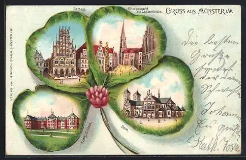 Passepartout-Lithographie Münster i.W., Dom, Rathaus, Königl. Schloss