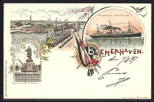 Lithographie Bremerhaven, Teilansicht, Bürgermeister Smidt. Denkmal, Schnelldampfer des Nordd. Lloyd