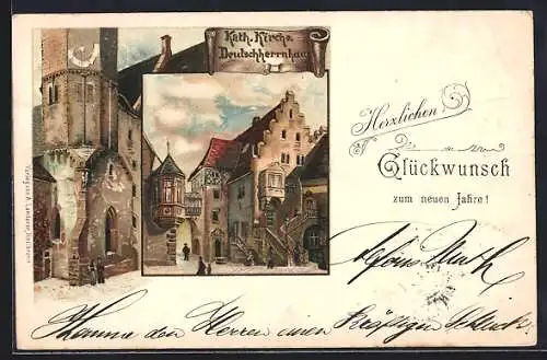 Lithographie Alt-Heilbronn, Ortspartie mit Leuten, Erker