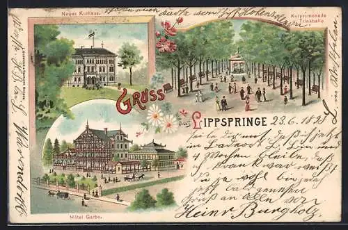 Lithographie Lippspringe, Neues Kurhaus, Hotel Garbe, Kurpromenade und Trinkhalle